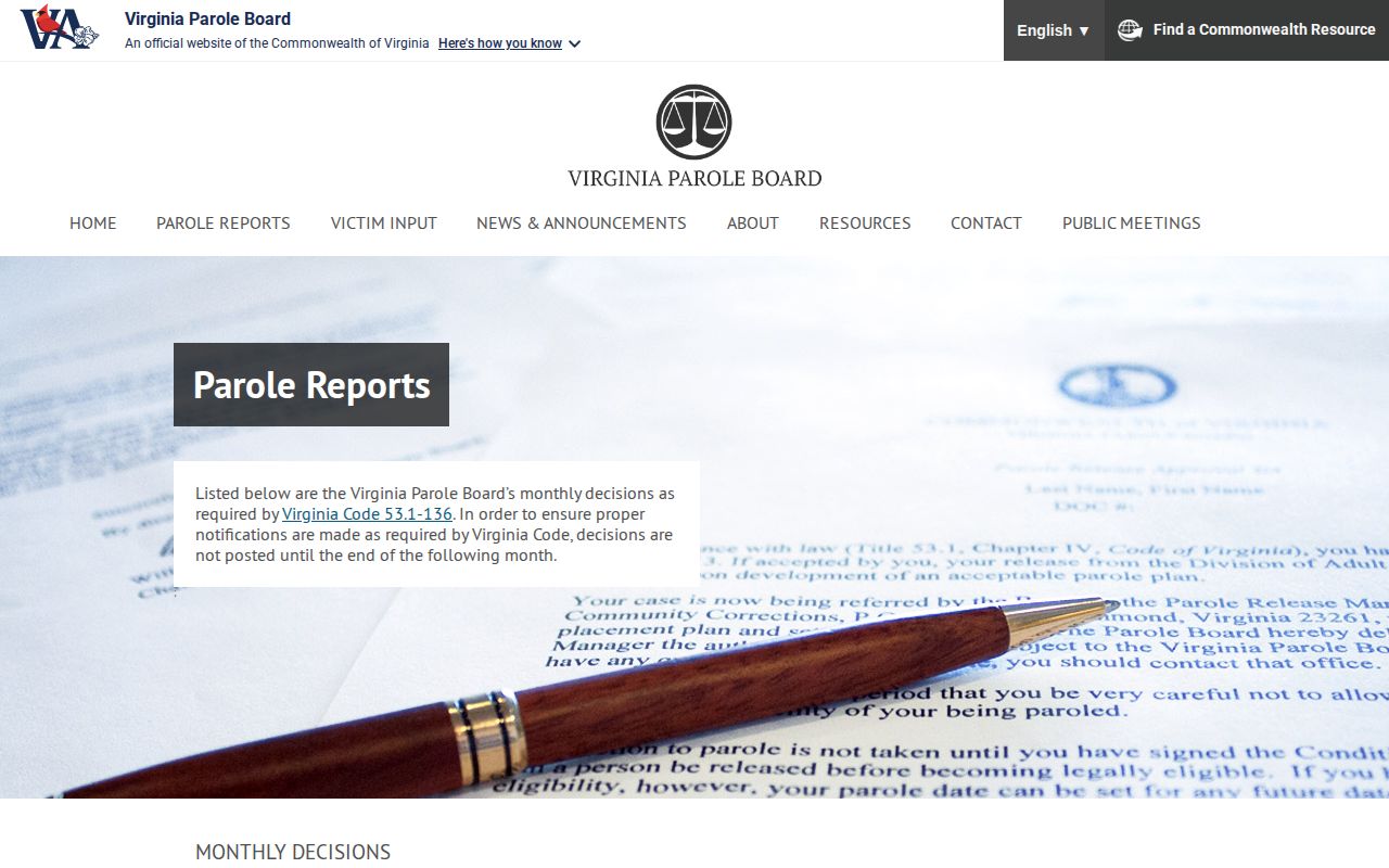 Virginia Parole Board reports used for Louisa County parole verification